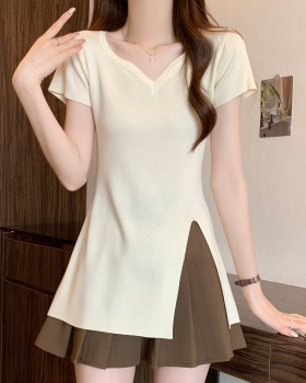 Slim knitted summer T-shirt large yard split tops for women