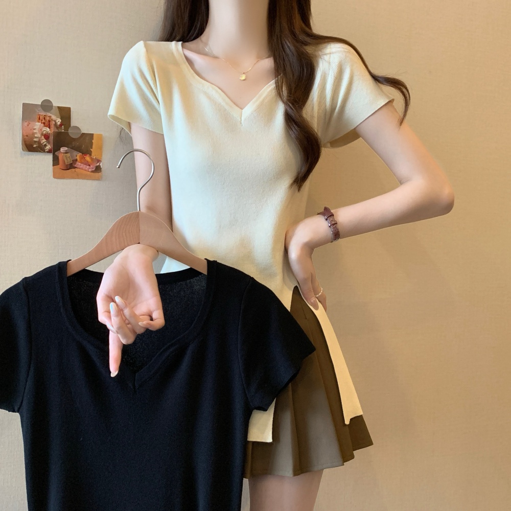 Slim knitted summer T-shirt large yard split tops for women