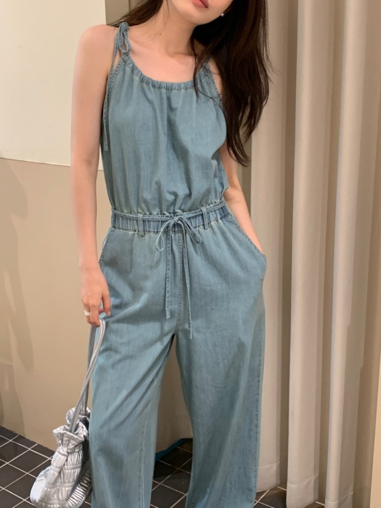 Western style denim jumpsuit lazy drawstring vest