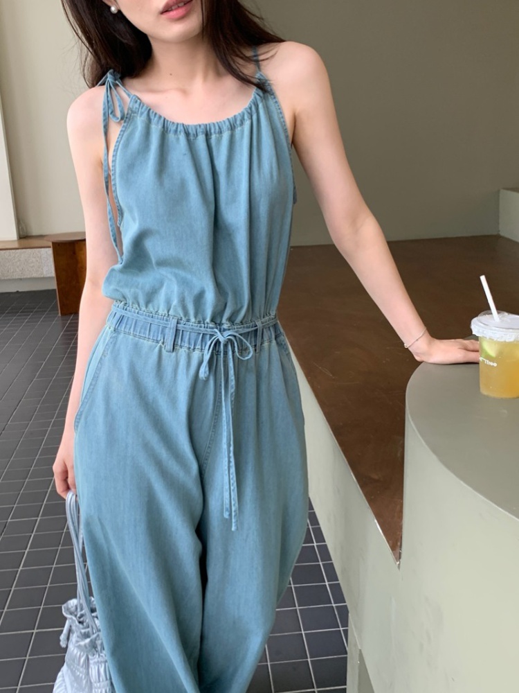 Western style denim jumpsuit lazy drawstring vest