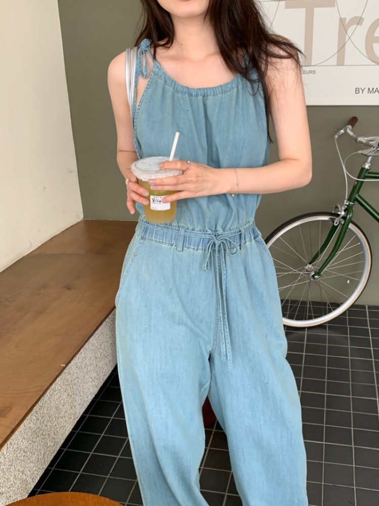 Western style denim jumpsuit lazy drawstring vest