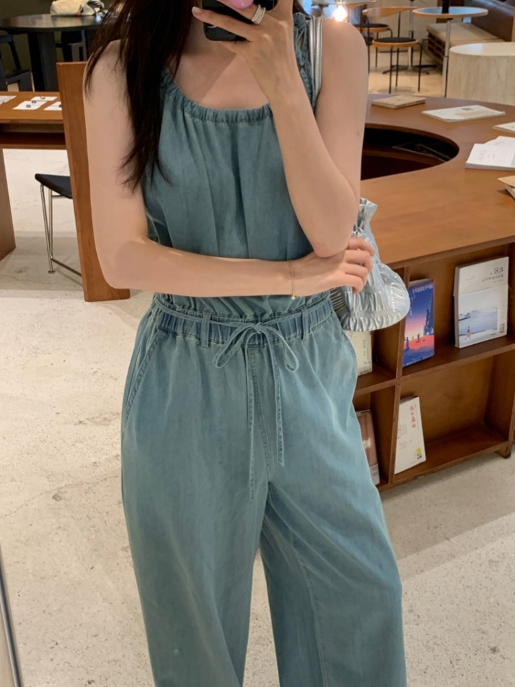 Western style denim jumpsuit lazy drawstring vest