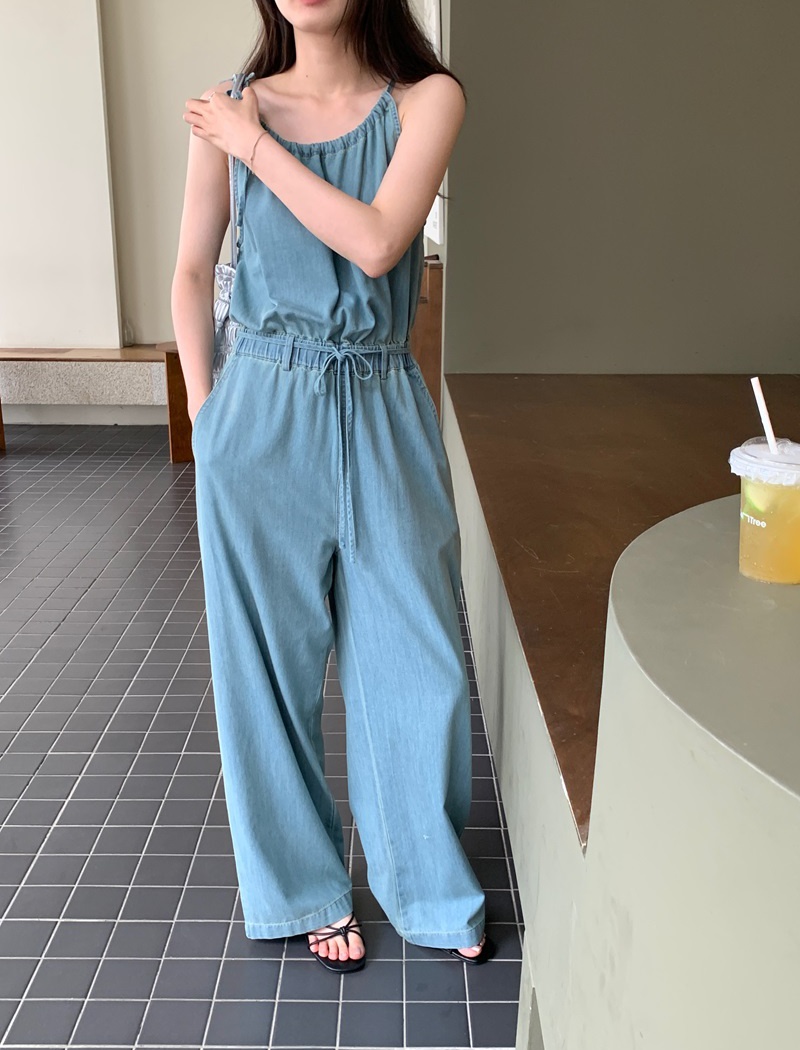 Western style denim jumpsuit lazy drawstring vest