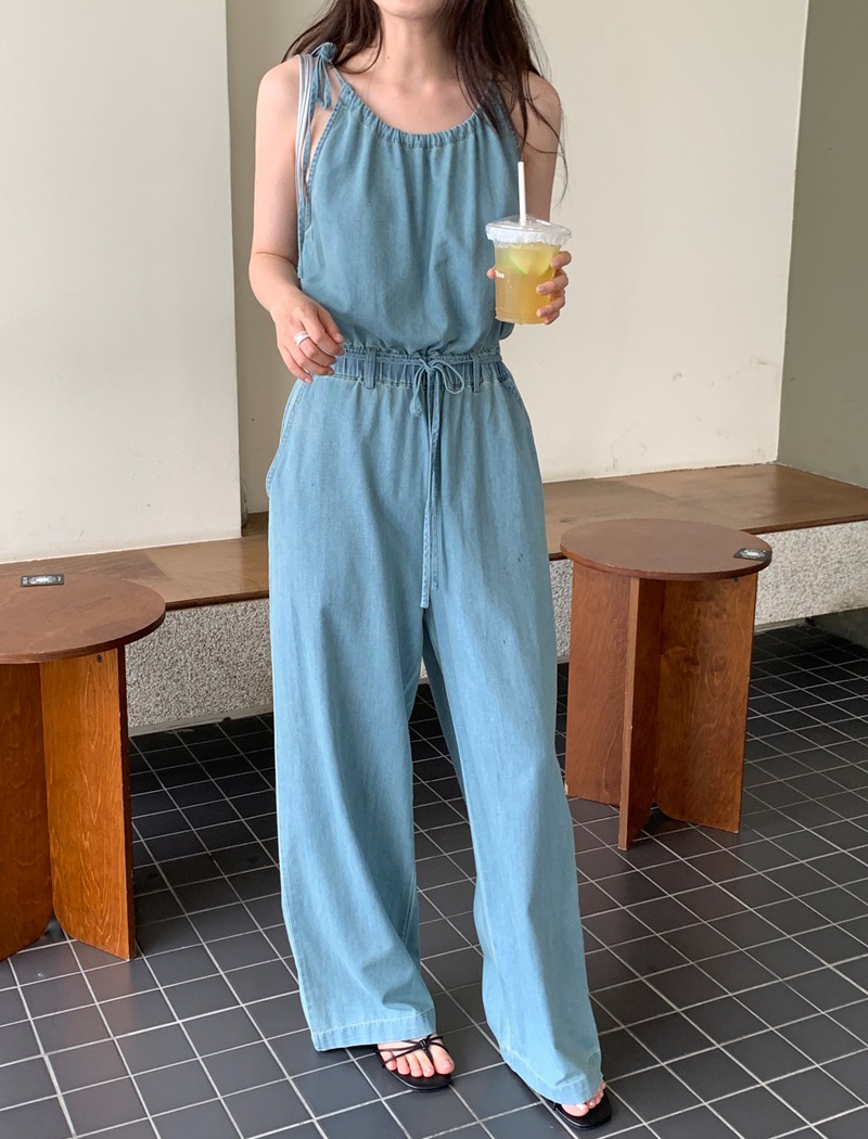 Western style denim jumpsuit lazy drawstring vest