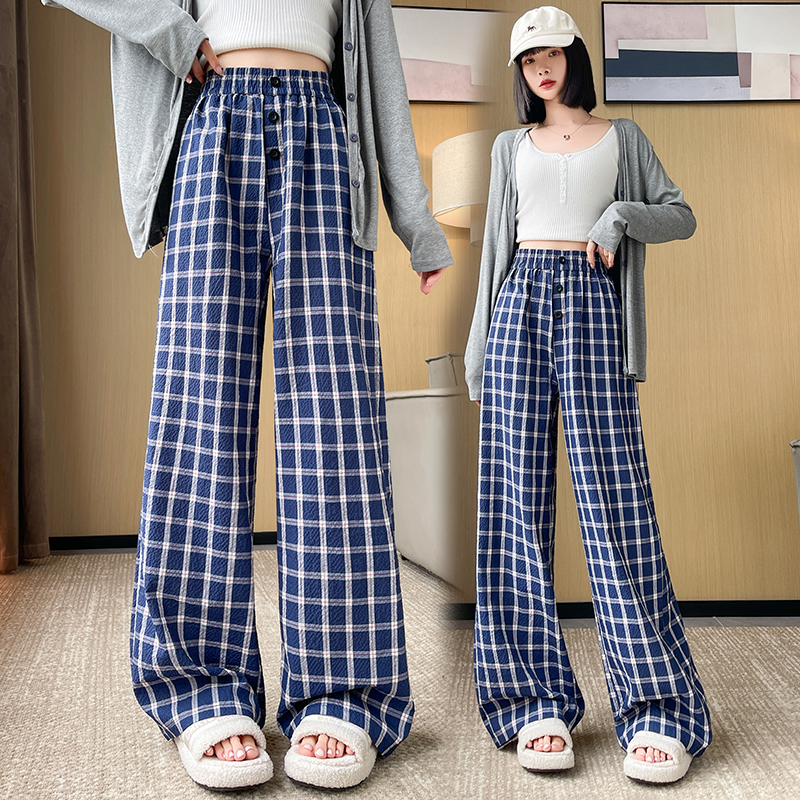 Lazy plaid sapphire blue drape retro slim wide leg pants