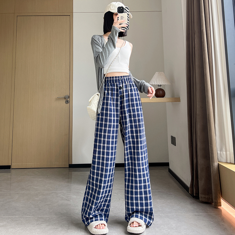 Lazy plaid sapphire blue drape retro slim wide leg pants