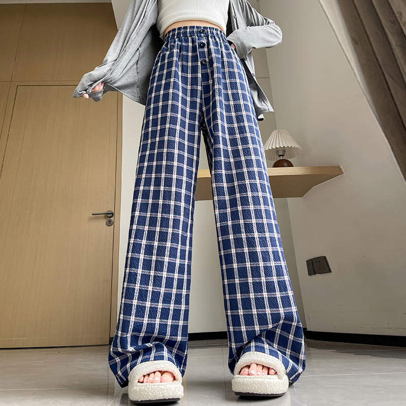 Lazy plaid sapphire blue drape retro slim wide leg pants