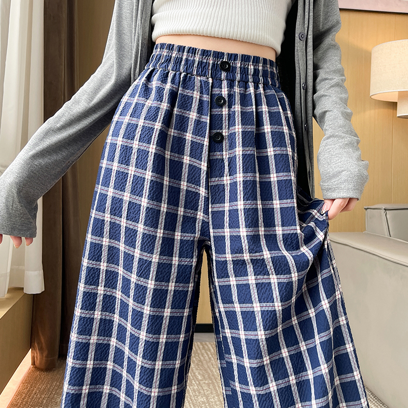 Lazy plaid sapphire blue drape retro slim wide leg pants