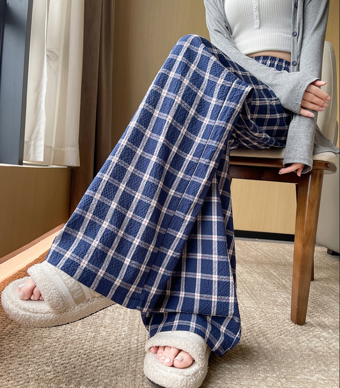 Lazy plaid sapphire blue drape retro slim wide leg pants