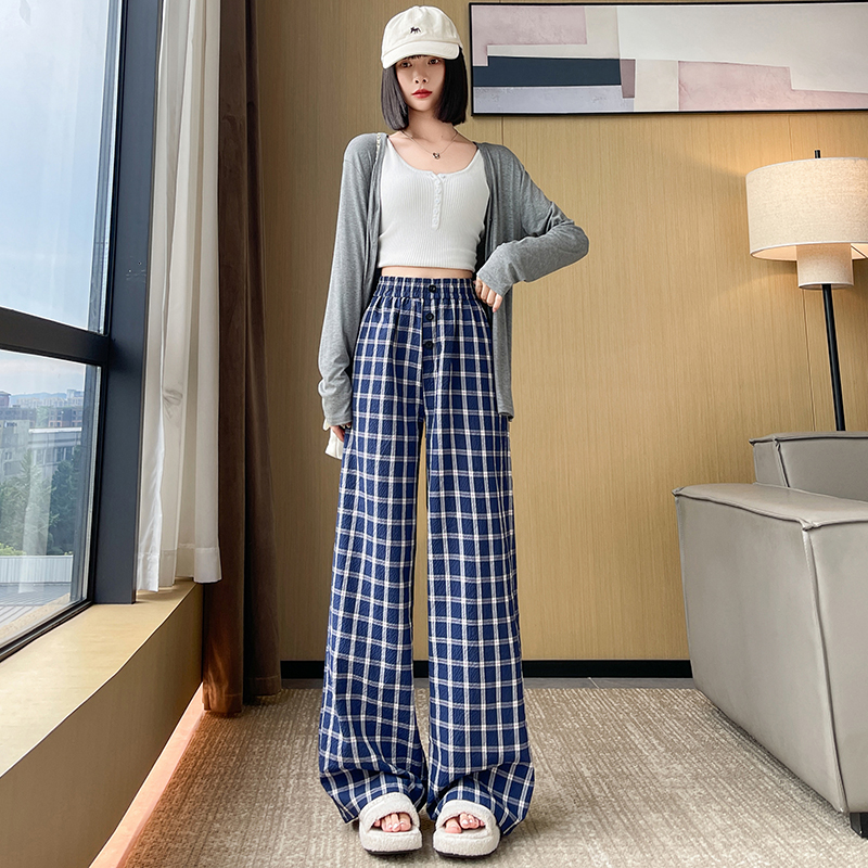 Lazy plaid sapphire blue drape retro slim wide leg pants