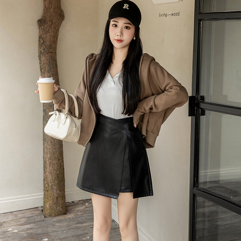 A-line autumn split one step skirt irregular PU skirt