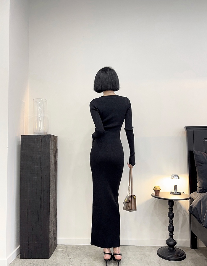 Mopping knitted sweater dress V-neck long dress