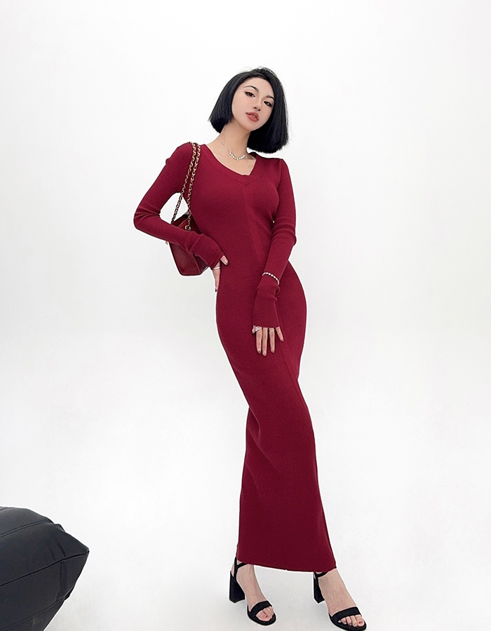 Mopping knitted sweater dress V-neck long dress