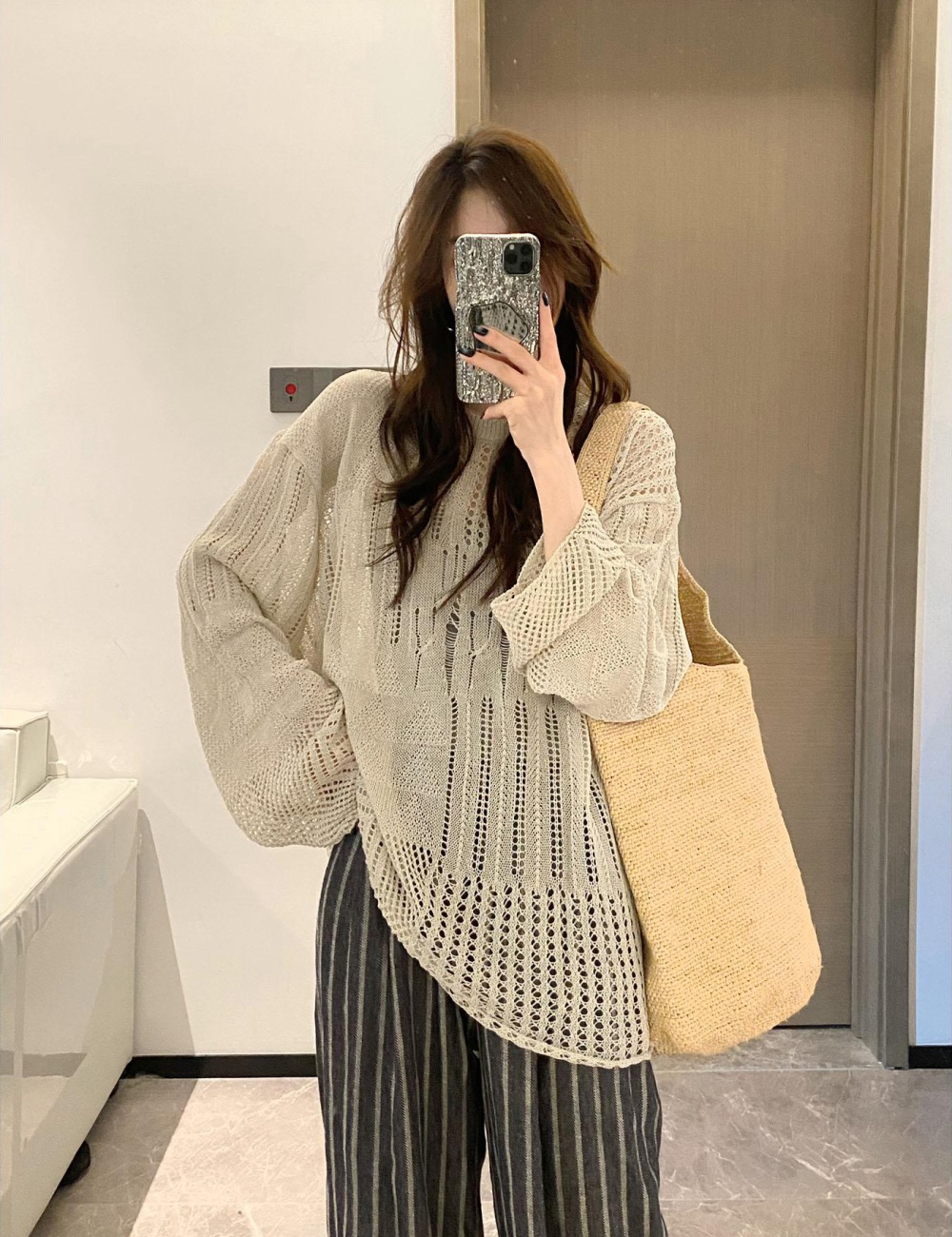 Hollow loose knitted long sleeve summer thin sweater