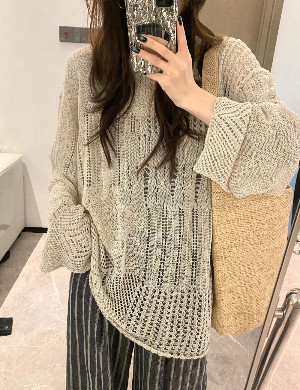 Hollow loose knitted long sleeve summer thin sweater