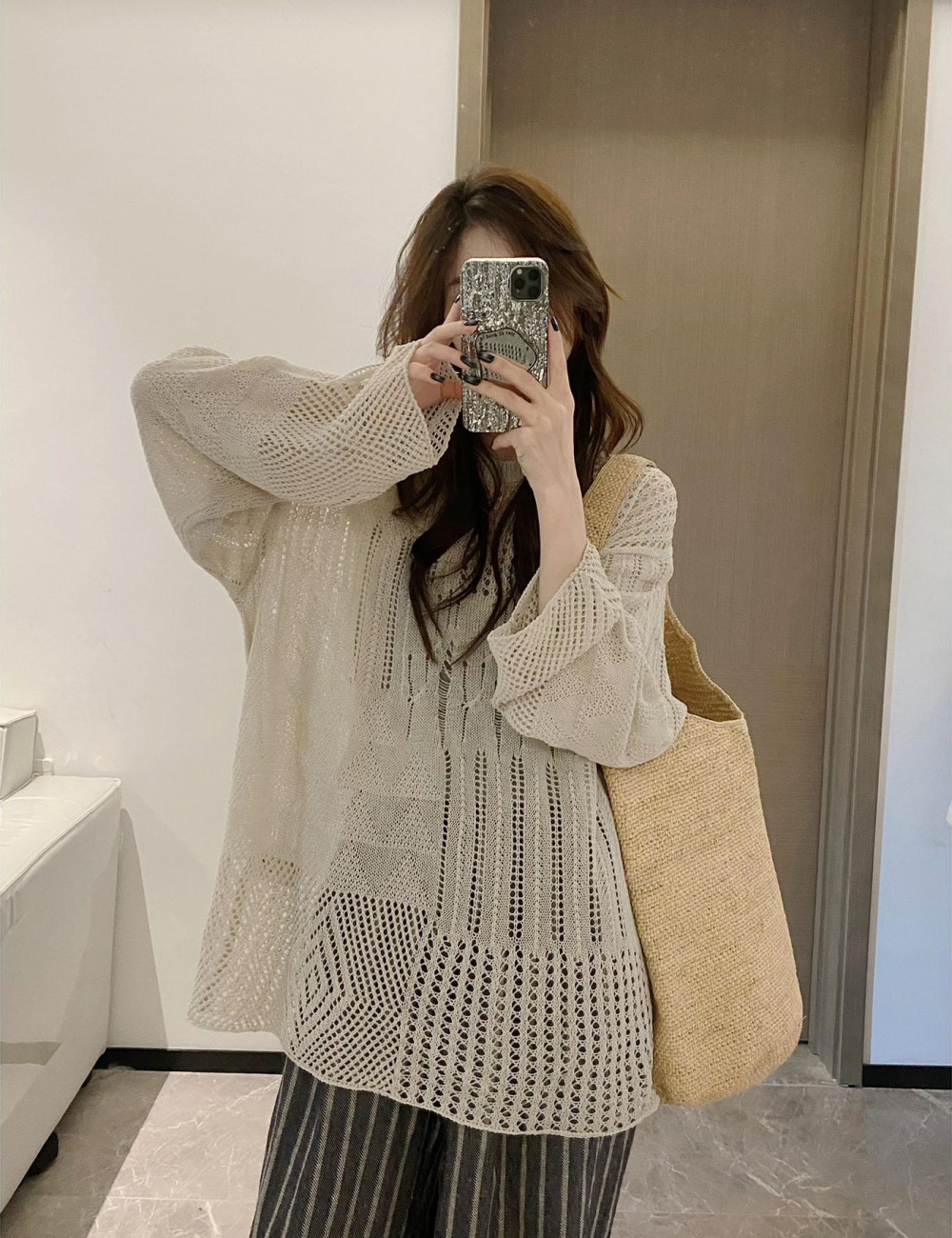 Hollow loose knitted long sleeve summer thin sweater