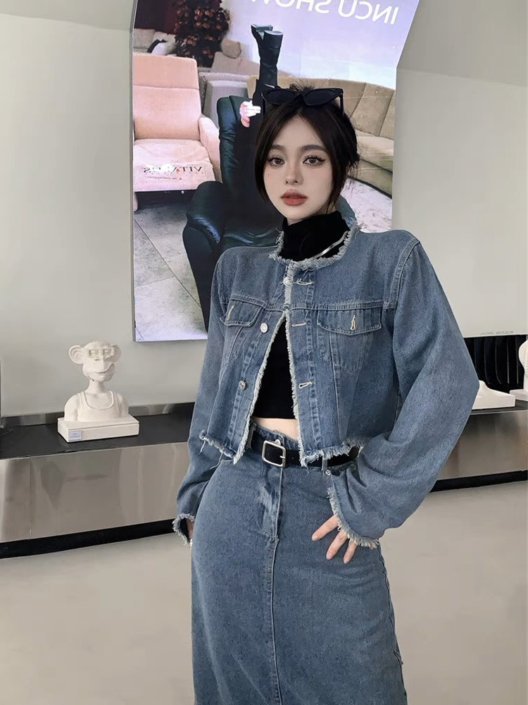 High waist jacket spring denim skirt a set for women