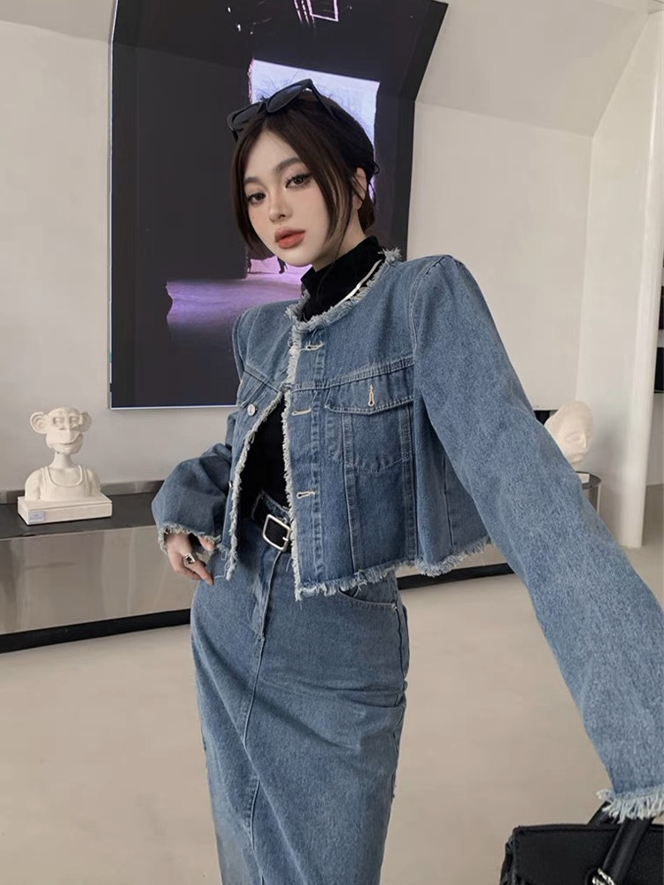 High waist jacket spring denim skirt a set for women