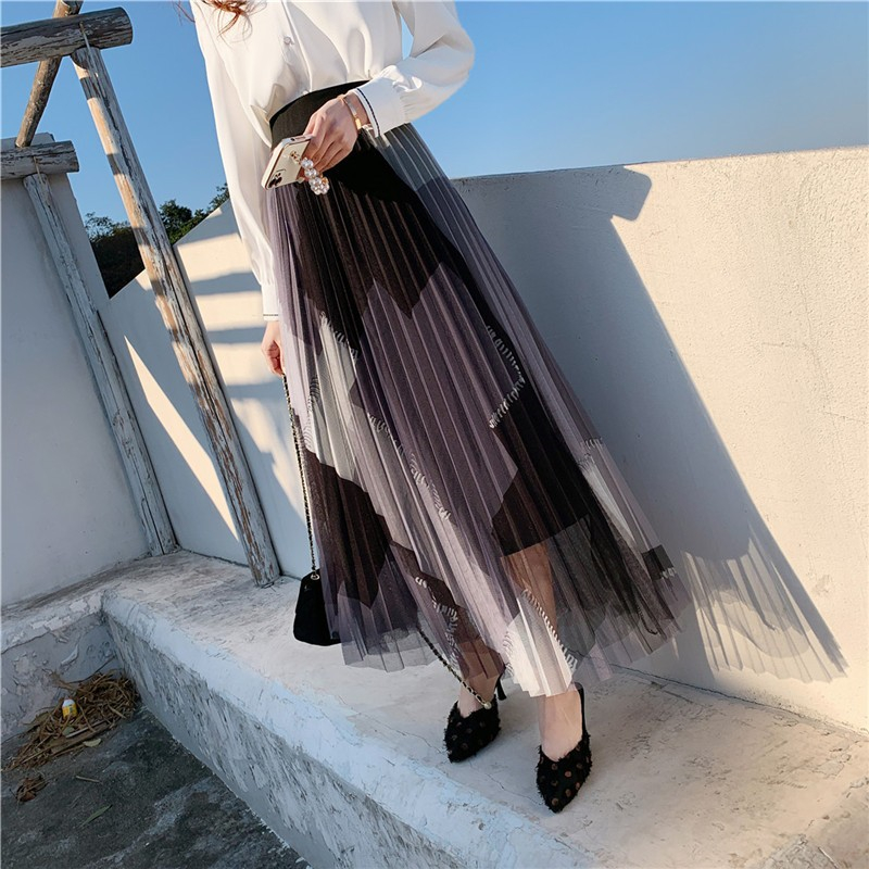 Stripe A-line long pleated summer high waist skirt for women