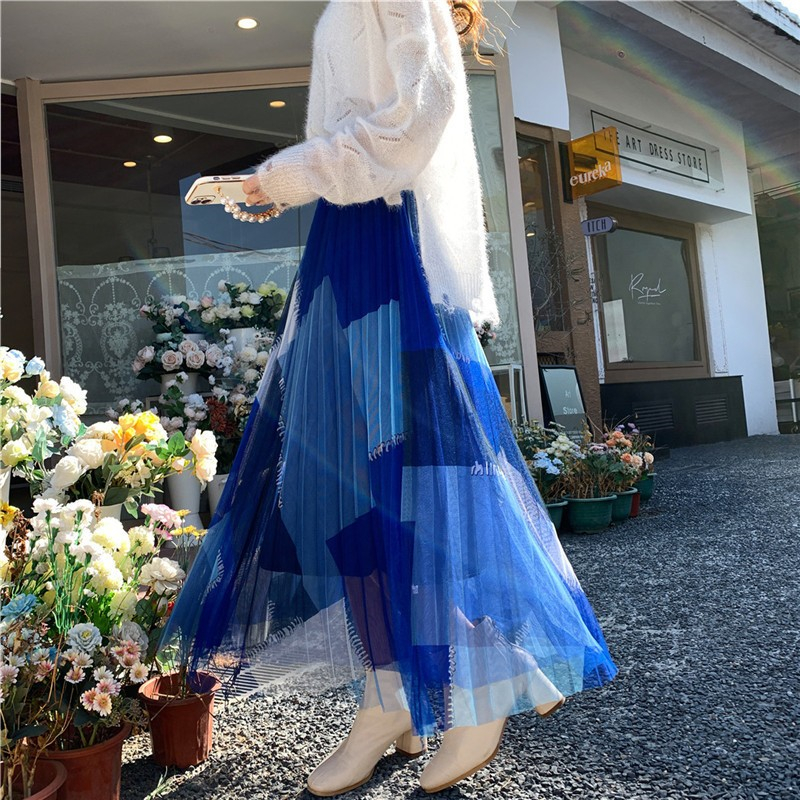 Stripe A-line long pleated summer high waist skirt for women