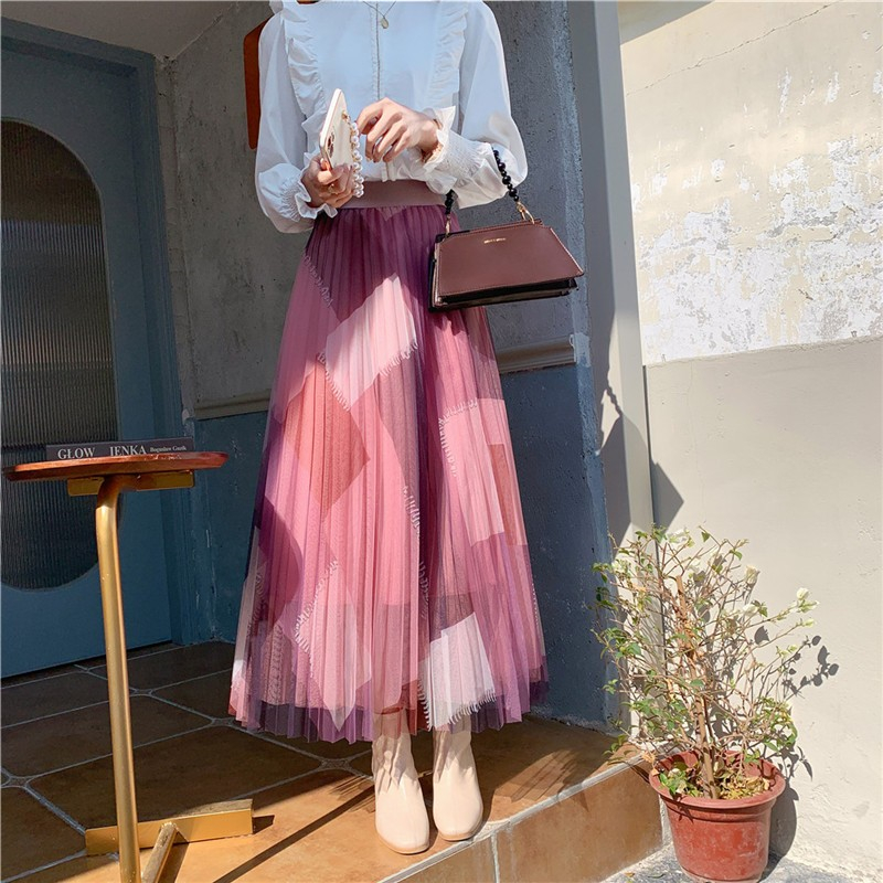 Stripe A-line long pleated summer high waist skirt for women