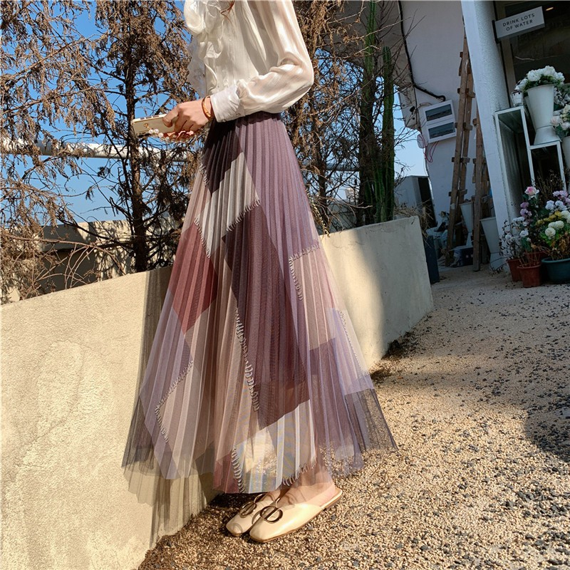 Stripe A-line long pleated summer high waist skirt for women