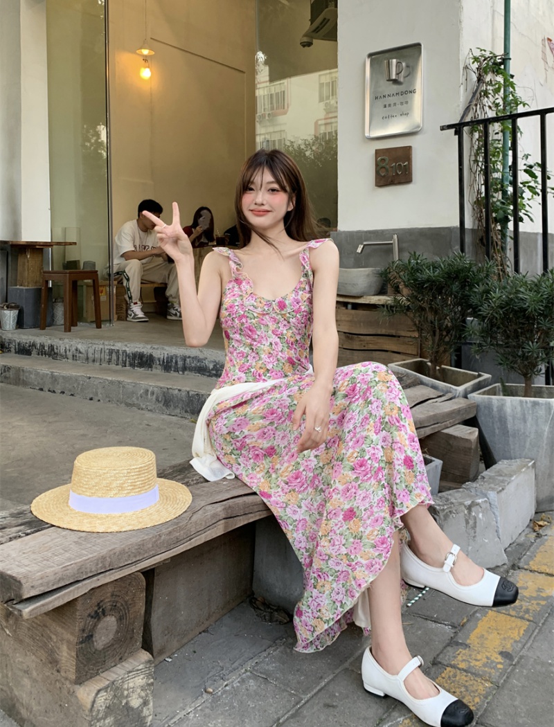 Slim pink temperament long dress France style fresh dress