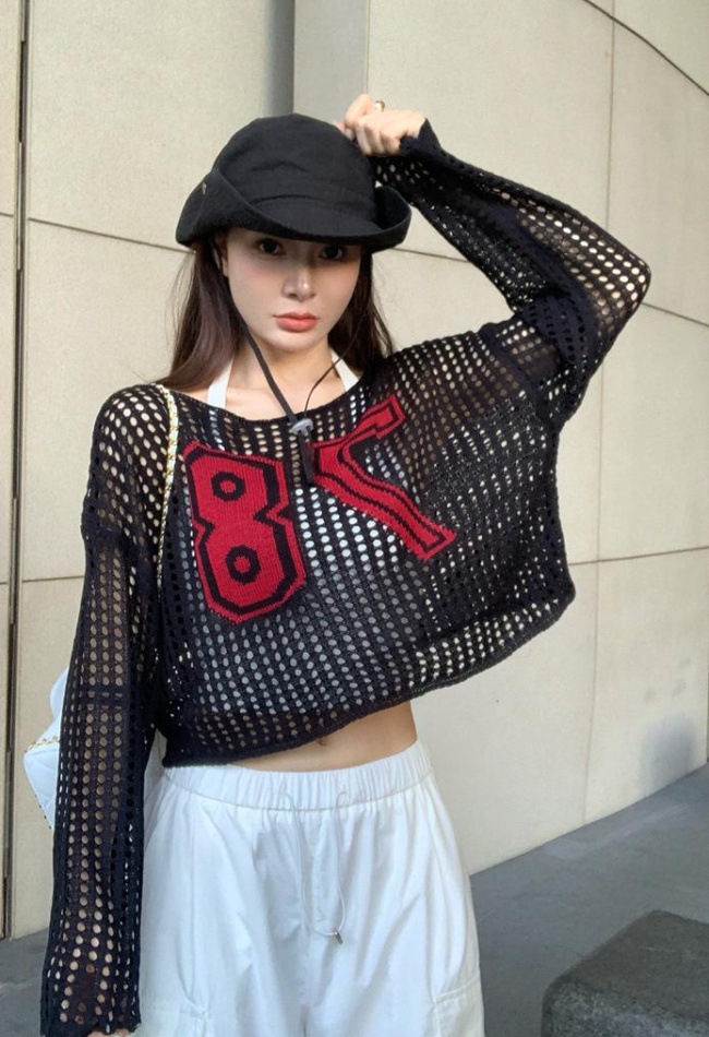 Summer unique loose smock long sleeve knitted sun shirt for women