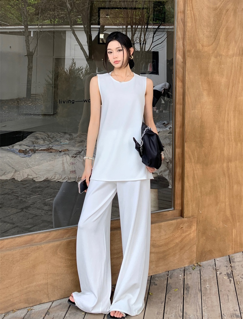 Temperament slim tops sleeveless wide leg pants 2pcs set