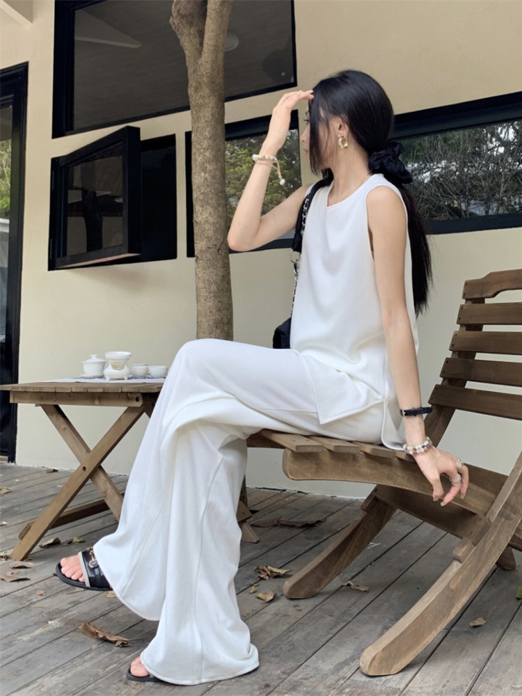 Temperament slim tops sleeveless wide leg pants 2pcs set