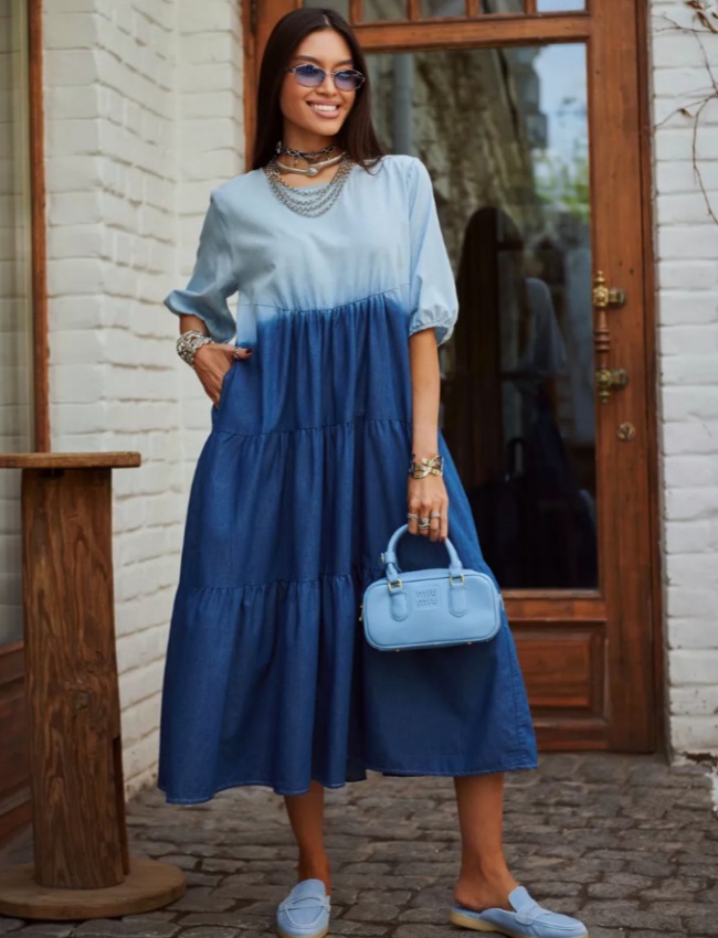 Fashion Casual loose short sleeve gradient denim dress