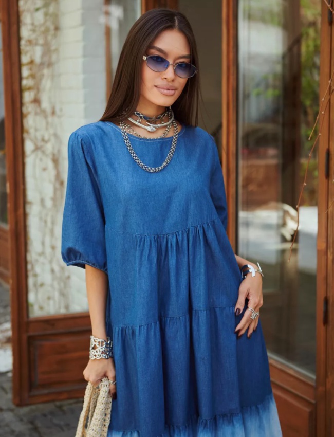 Fashion Casual loose short sleeve gradient denim dress