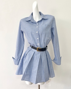 Plaid pinched waist shirt summer pleated dress for women