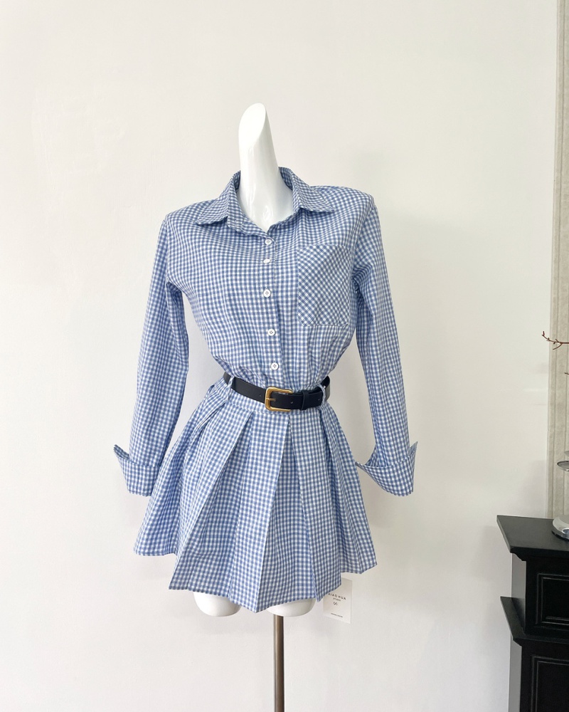 Plaid pinched waist shirt summer pleated dress for women