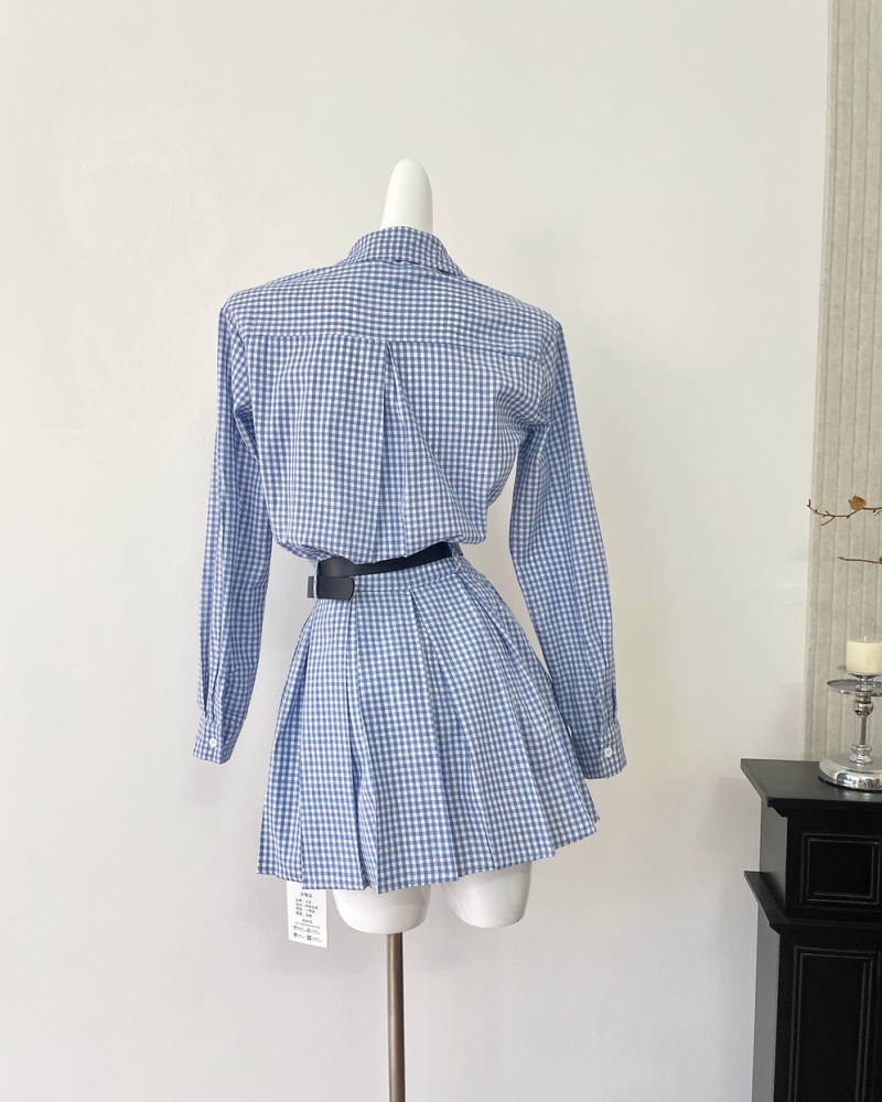 Plaid pinched waist shirt summer pleated dress for women