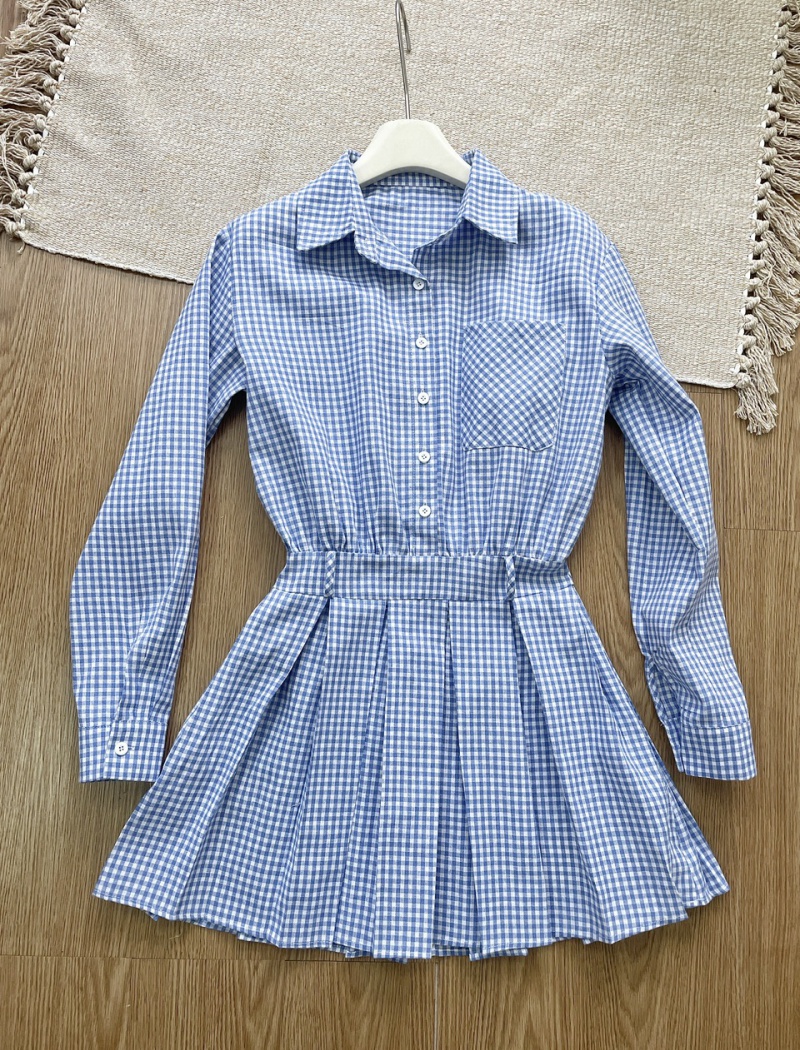 Plaid pinched waist shirt summer pleated dress for women