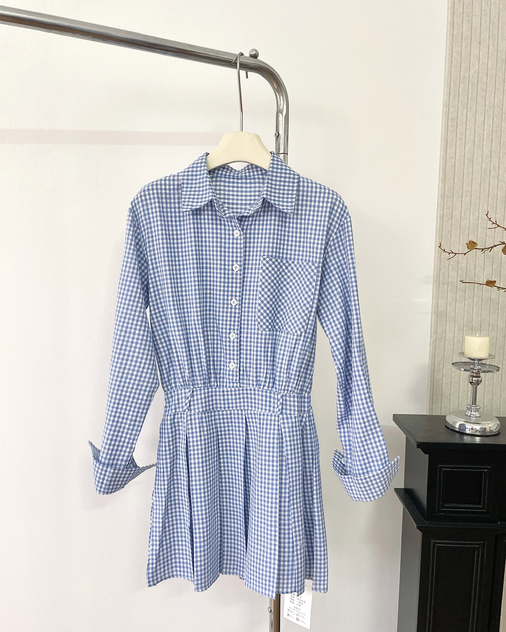 Plaid pinched waist shirt summer pleated dress for women