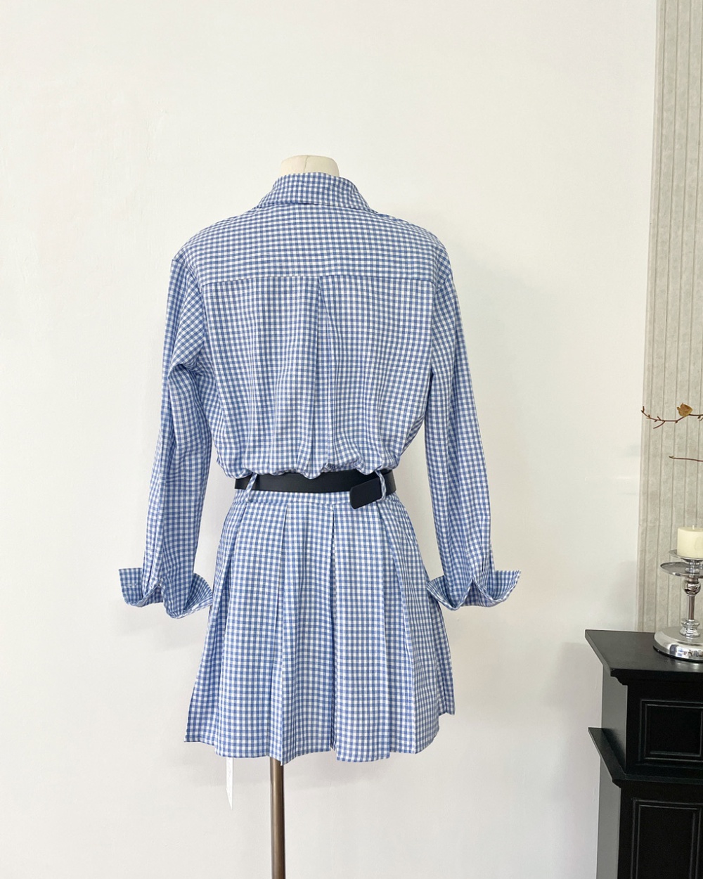 Plaid pinched waist shirt summer pleated dress for women