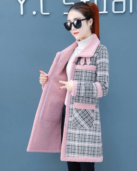 Imitation lamb's wool plaid overcoat all-match coat for women