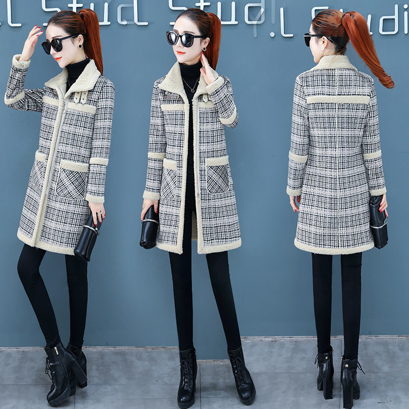 Imitation lamb's wool plaid overcoat all-match coat for women