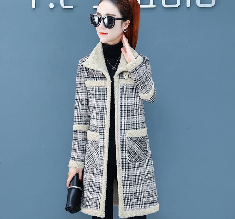 Imitation lamb's wool plaid overcoat all-match coat for women