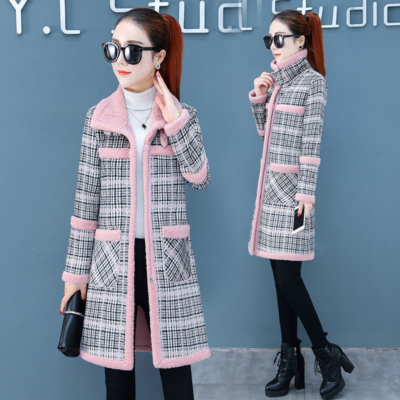 Imitation lamb's wool plaid overcoat all-match coat for women