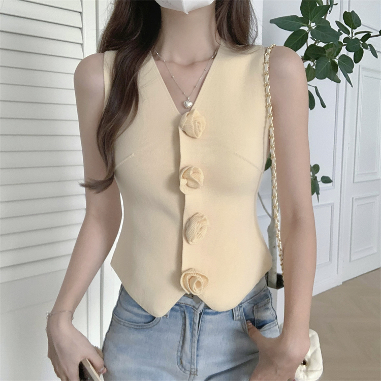 V-neck slim stereoscopic sleeveless knitted flowers vest