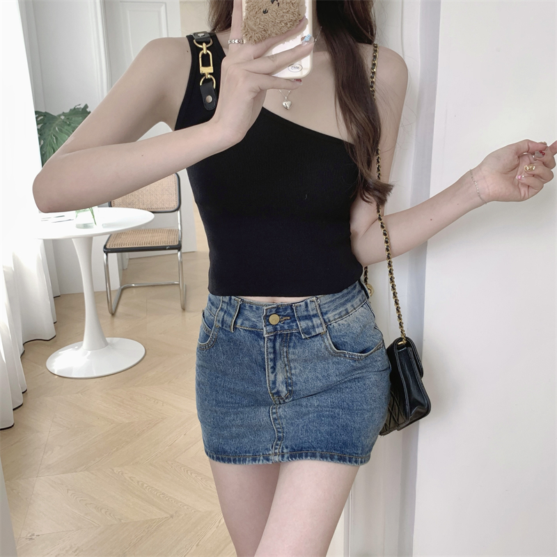 Short slim oblique collar tops summer pure vest for women