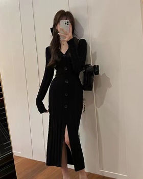 Long sleeve woolen yarn long dress twist dress