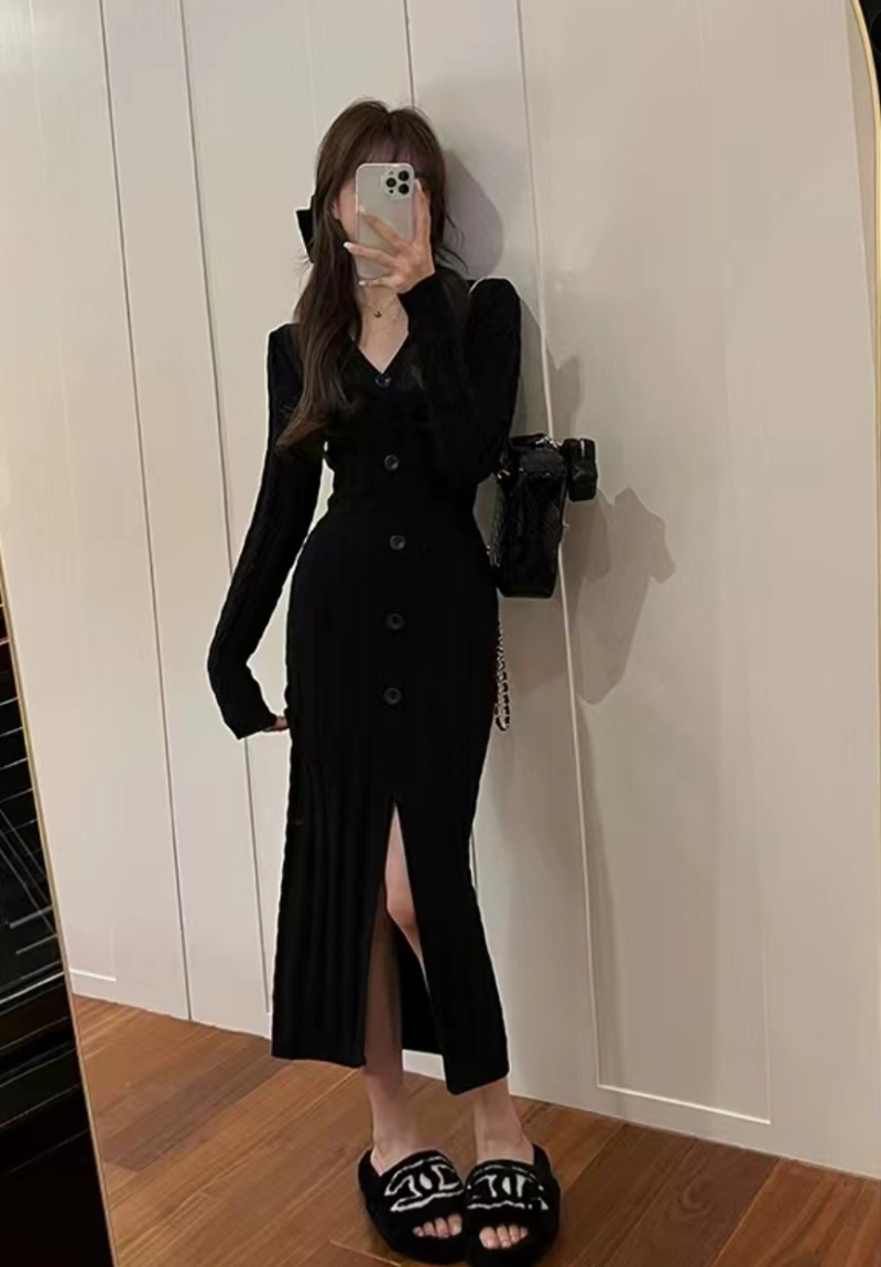 Long sleeve woolen yarn long dress twist dress