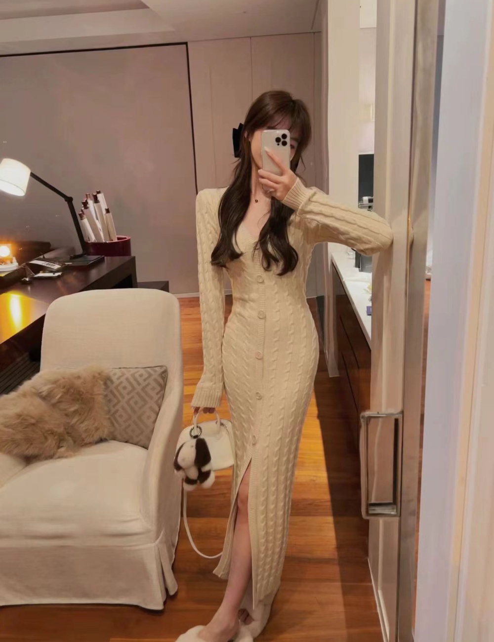 Long sleeve woolen yarn long dress twist dress