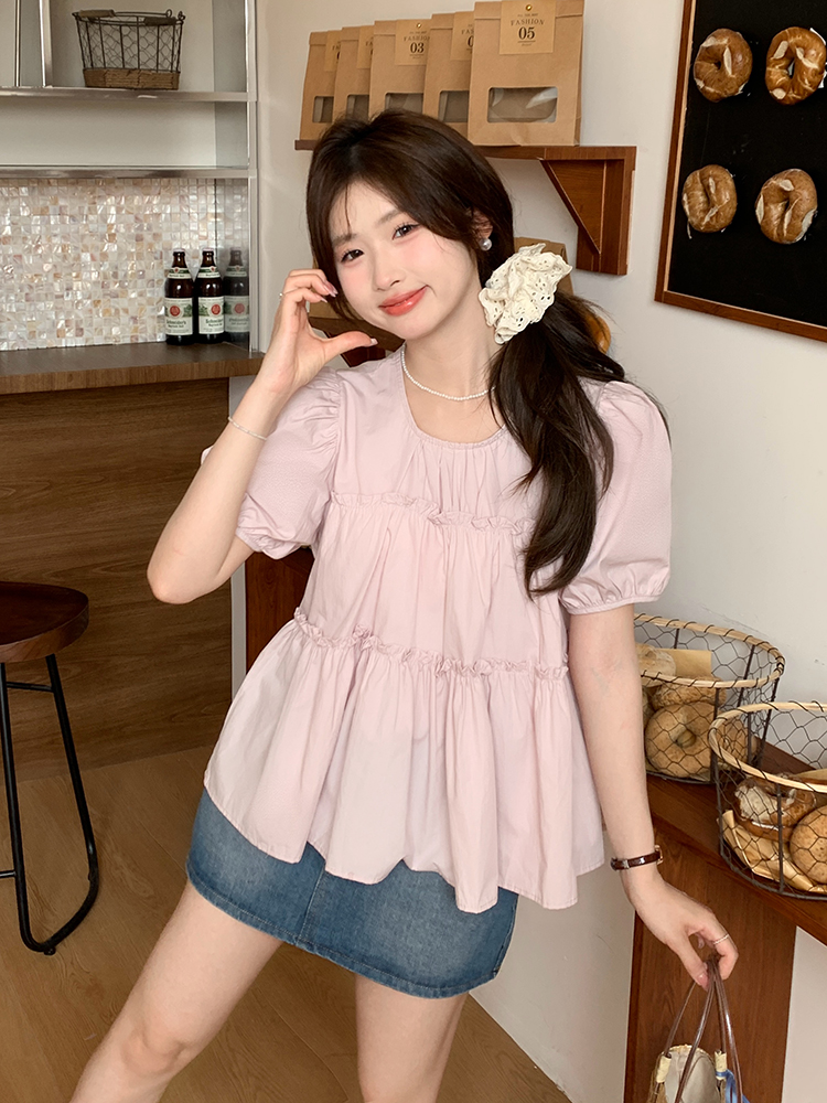 Puff sleeve pure shirt Korean style summer tops