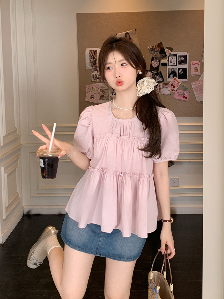 Puff sleeve pure shirt Korean style summer tops