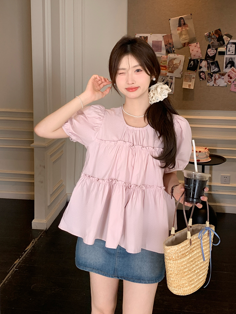 Puff sleeve pure shirt Korean style summer tops